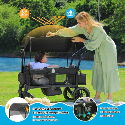 ELEMARA Stroller Wagon, 2 Seat Stroller for 2 Kids, Premium All Terrain Stroller for Kids w/Removable Canopy, Adjustable Push/Pull Handle, Large Storage Bag, Black