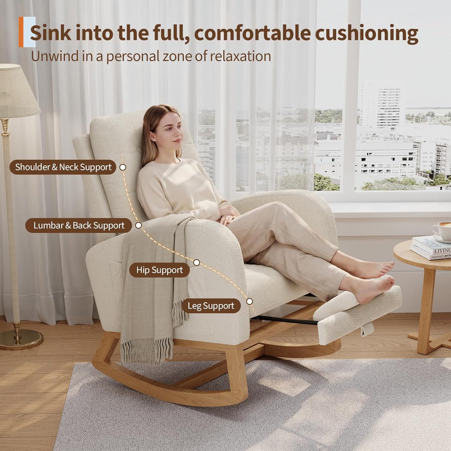 GarveeHome Nursery Rocking Chair with Adjustable Footrest, Teddy Fleece Upholstery, Sturdy Wooden Legs & High Backrest, Comfortable Glider Rocking Chair for Living Room or Bedroom, Pink