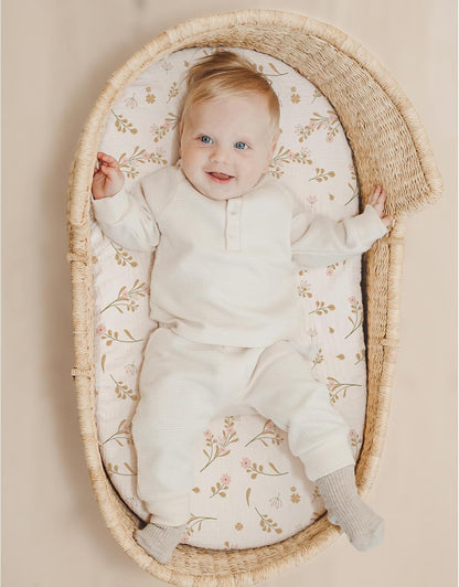 Konssy Muslin Fitted Bassinet Sheets 2 Pack for Baby Girl Boy, Soft Bedside Sleeper Bassinet Sheets Fit for Baby Bassinets, Moses Basket Oval Rectangle Pad/Mattress