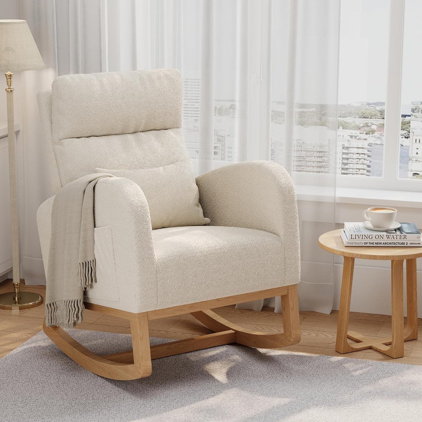 GarveeHome Teddy Fleece Rocking Chair, Modern Nursery Glider Chair with Side Pockets and Pillow, Rocker Chair for Living Room Bedroom Nursing Room, Pink