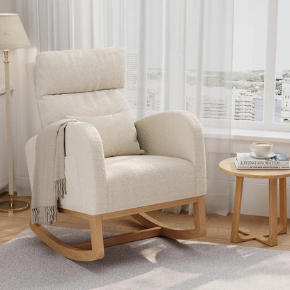 GarveeHome Teddy Fleece Rocking Chair, Modern Nursery Glider Chair with Side Pockets and Pillow, Rocker Chair for Living Room Bedroom Nursing Room, Pink