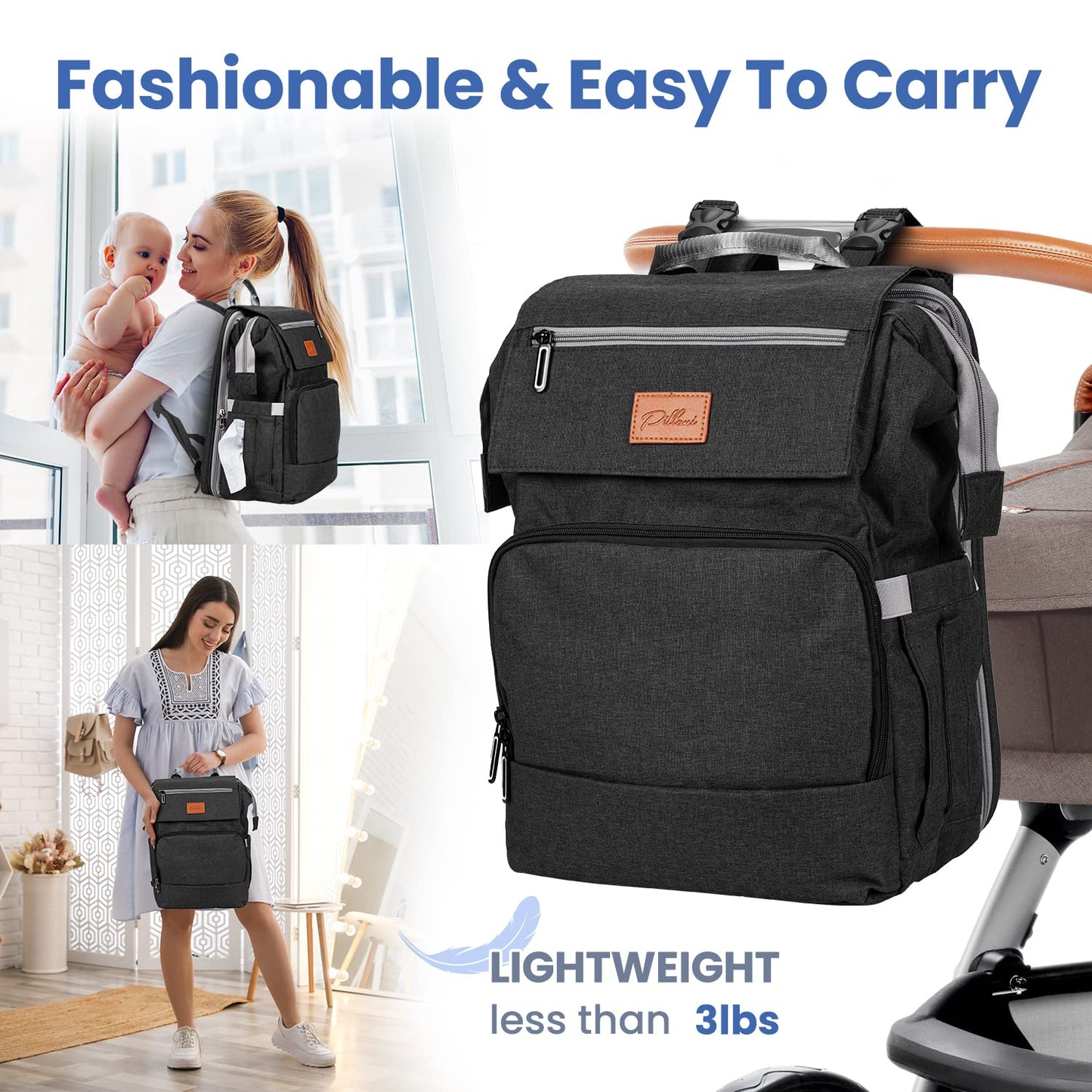 PILLANI Baby Diaper Bag Backpack - Large Waterproof Travel Diaper Bag for Boys & Girls, 16 Organizer Pockets with Changing Pad, Insulated Bottle Pockets & Stroller Straps, Baby Shower Gifts, Dinosaur