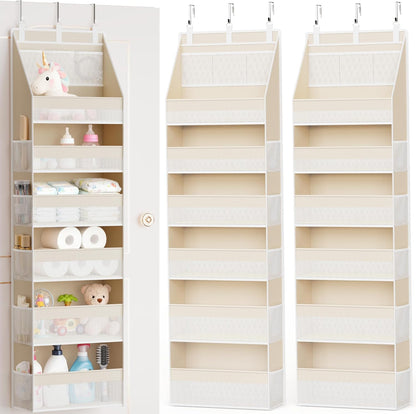 Criusia Over the Door Organizer, 6-Shelf Closet Hanging Storage with 13 Mesh Pockets, 55lbs Capacity Behind the Door Storage for Baby Nursery, Bathroom, Bedroom, and Dorm, Beige