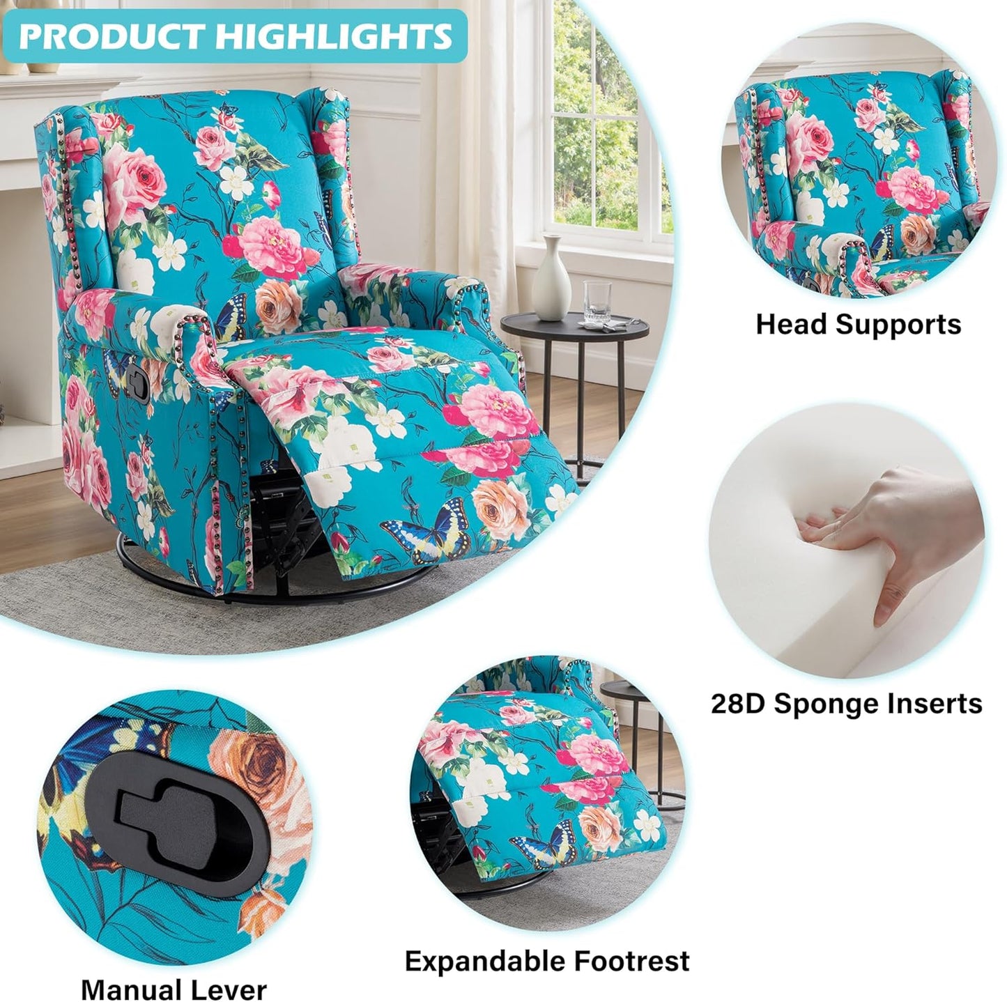 UIXE Swivel Glider Recliner Chair for Adults, High Back Nursery Rocker Floral Upholstered Armchair for Living Room, Manual Reclining Rivet Trim Sofa Lounge with Deep Seat in Fabric - Navy Blue