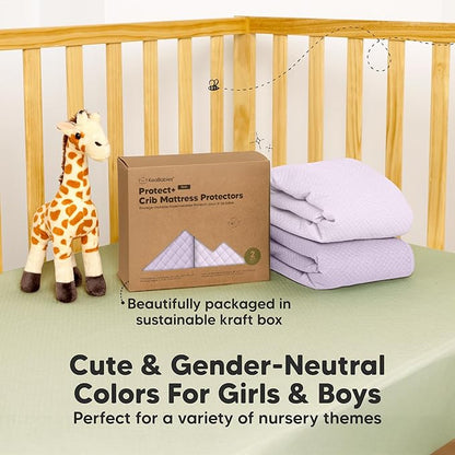 2-Pack Waterproof Crib Mattress Protector Cover Fitted - Quiet Baby Crib Mattress Pad Sheets, 52" x 28" Soft Quilted Cotton Baby Sheet, Machine Washable, Easy Fit, Durable (Lilac/Quin)