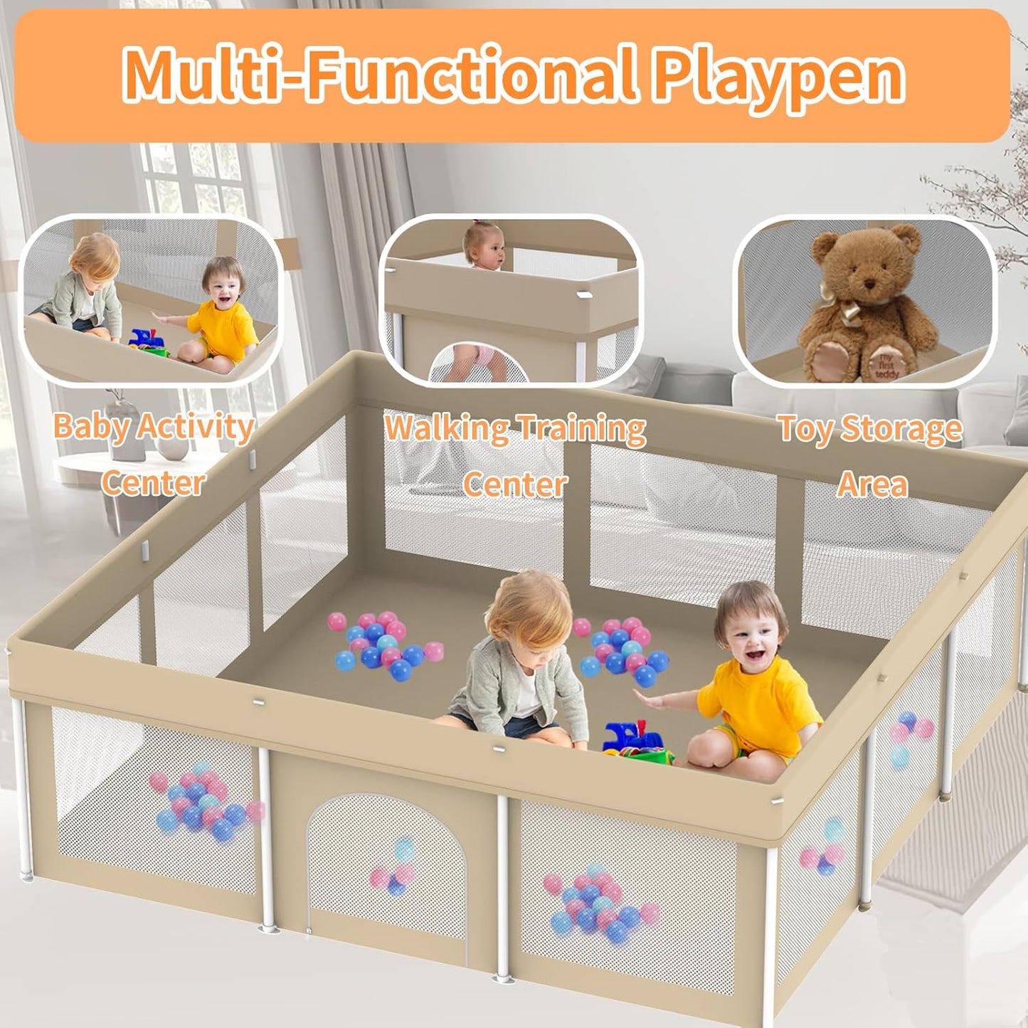 Foldable Large Baby Playpen 71"×71", Portable Playard for Babies & Toddlers, Lightweight Safety Baby Fence, No Installation, Indoor & Outdoor Playpen with 150 Ocean Balls, Beige