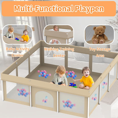 Foldable Large Baby Playpen 71"×71", Portable Playard for Babies & Toddlers, Lightweight Safety Baby Fence, No Installation, Indoor & Outdoor Playpen with 150 Ocean Balls, Beige
