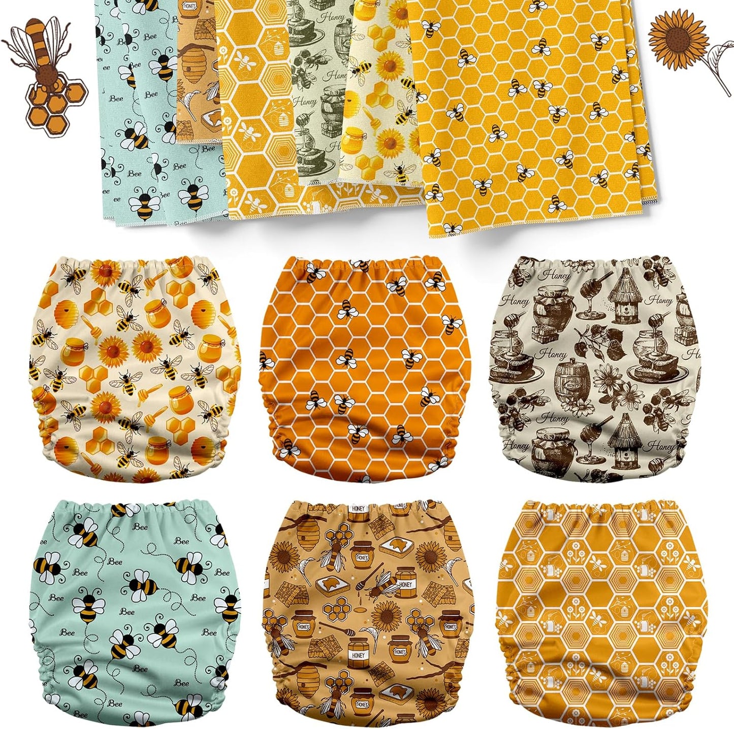 Mama Koala 3.0 Pocket Cloth Diapers for Babies with AWJ Lining, 6 Pack with 6 4-Layer Natural Cloth Diaper Inserts - Reusable and Washable Pocket Diapers(Hardworking Bees) - Colors A