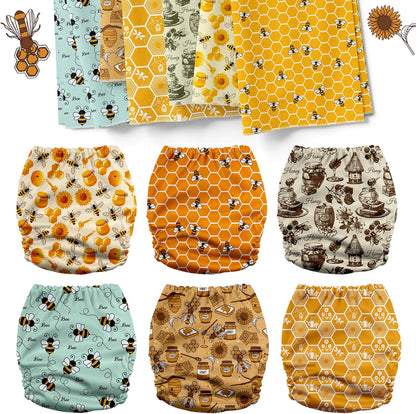 Mama Koala 3.0 Pocket Cloth Diapers for Babies with AWJ Lining, 6 Pack with 6 4-Layer Natural Cloth Diaper Inserts - Reusable and Washable Pocket Diapers(Hardworking Bees) - Colors A