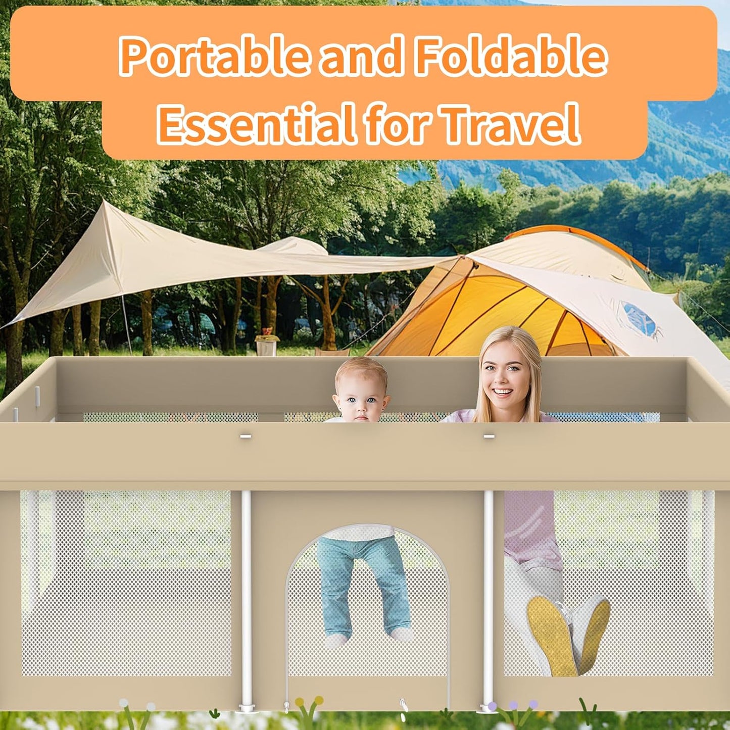 Foldable Large Baby Playpen 71"×71", Portable Playard for Babies & Toddlers, Lightweight Safety Baby Fence, No Installation, Indoor & Outdoor Playpen with 150 Ocean Balls, Beige