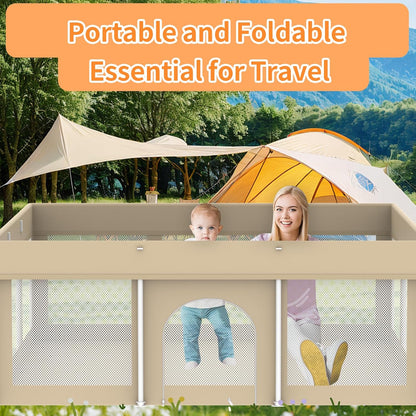 Foldable Large Baby Playpen 71"×71", Portable Playard for Babies & Toddlers, Lightweight Safety Baby Fence, No Installation, Indoor & Outdoor Playpen with 150 Ocean Balls, Beige