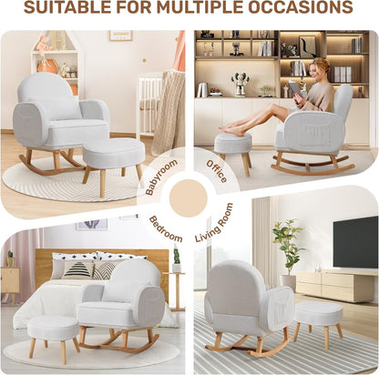 HCHAIRH Nursery Rocking Chair with Ottoman, Upholstered Glider Rocker with High Backrest Side Pocket, Rocking Accent Armchair with Solid Wood Legs for Nursery, Living Room, Bedroom, Light Grey