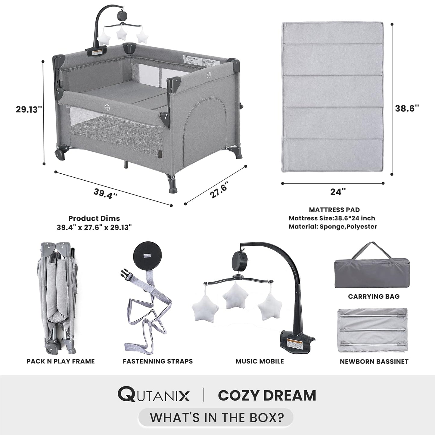 QUTANIX 2-in-1 Pack and Play with Mattress,Baby Bassinet Bedside Sleeper, Bedside Bassinet & Baby Playpen, Easy Folding Portable Crib for Newborn to Toddlers (Dark Grey)
