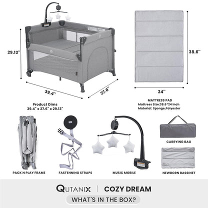 QUTANIX 2-in-1 Pack and Play with Mattress,Baby Bassinet Bedside Sleeper, Bedside Bassinet & Baby Playpen, Easy Folding Portable Crib for Newborn to Toddlers (Dark Grey)