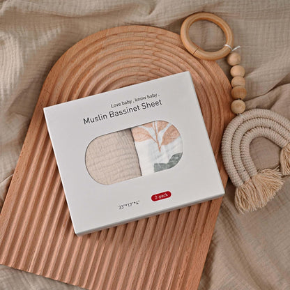 Muslin Bassinet Fitted Sheets 2 Pack, Soft Breathable Cotton Baby Bassinet Mattress Sheet Set, 360° Elastic Snug Fit, Universal for Oval, Rectangle & Hourglass Cradle, Unisex Baby Bedding (Cute Cars)
