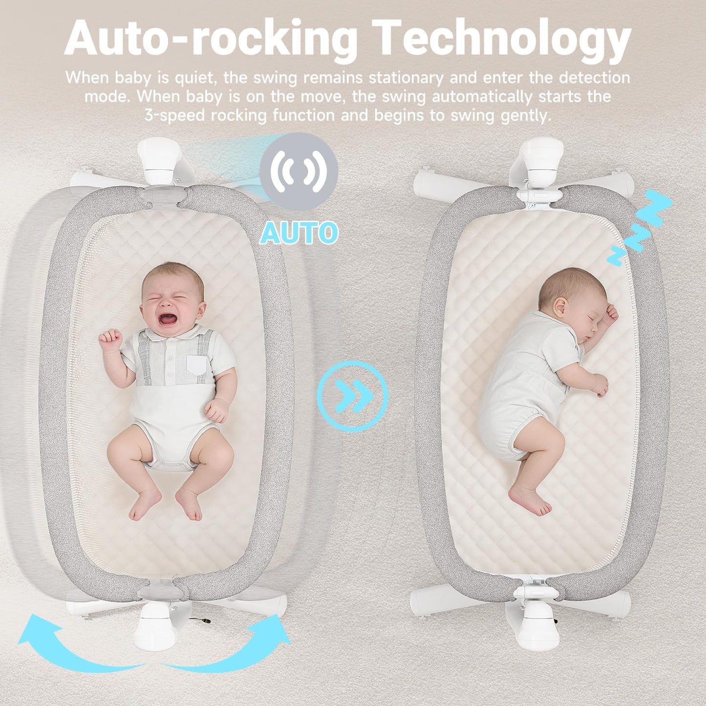 Electric Baby Bassinet, 7 Height Adjustable Rocking Bassinet for Baby, Auto Infant Sleeper with Timer, 12 Lullabies, Wheels, Smart Rocking Crib for Newborns, Beige