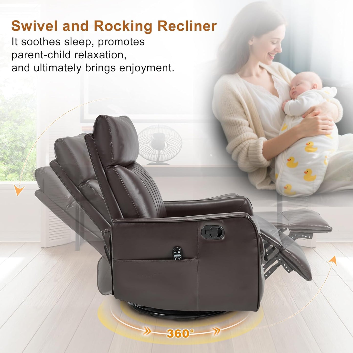 Manual 360° Swivel Rocker Recliner Chair for Adults, Overstuffed Glider Chair for Nursery with Vibration Massage and Heat, Comfy Soft Fabric Glider with Side Pockets for Living Room, Beige