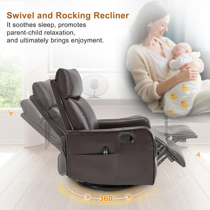 Manual 360° Swivel Rocker Recliner Chair for Adults, Overstuffed Glider Chair for Nursery with Vibration Massage and Heat, Comfy Soft Fabric Glider with Side Pockets for Living Room, Beige