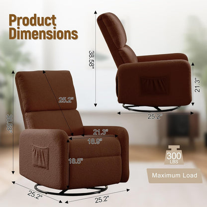 Korser 360° Rocking Chair, Nursery Rocker Chair with Side Pockets, Glider Nursing Chair with Steel Structure Base, Small Chair for Small Spaces, Sherpa Swivel Accent Chairs for Living Room, Nursing