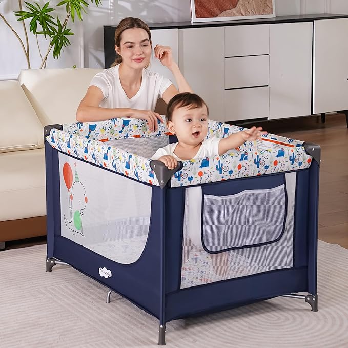 Pamo Babe Compact Pack and Play - Portable Crib for Baby, Lightweight Foldable Travel Playard with Mattress Pad & Carry Bag, Safe Breathable Travel Bed for Home, Trips & Family Visits, Cute Pattern