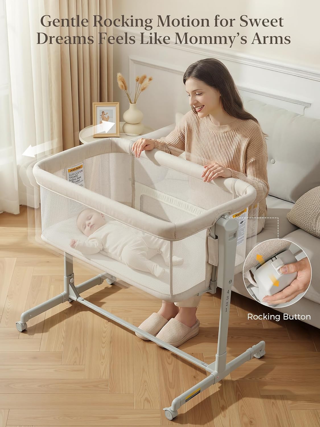 ONTHEWEI Baby Bassinet Bedside Sleeper 3-in-1, Easy Night Feeding with One-Side Fold & Rolling Wheels, Breathable Mesh, 6-Height Adjustable, Soft Mattress for Newborns