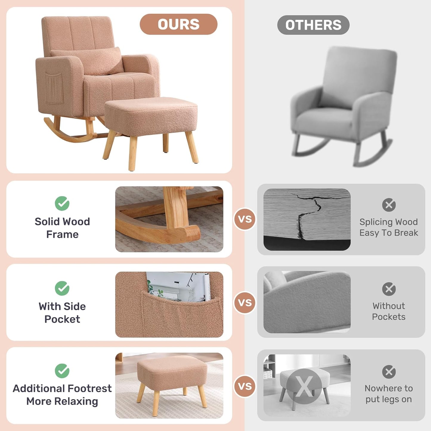 HCHAIRH Nursery Rocking Chair with Ottoman, Upholstered Glider Rocker with High Backrest Side Pocket, Rocking Accent Armchair with Solid Wood Legs for Nursery, Living Room, Bedroom, Light Grey