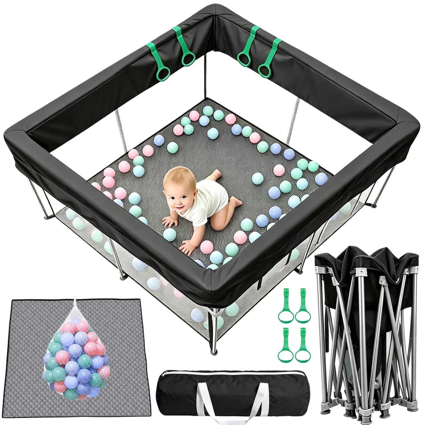 Foldable Baby Playpen, 50"×50" Collapsible Play Yard for Babies and Toddlers, No Assembly Required, Kids Safety Play Area with 4 Handles, 50 Balls and Visible Mesh, Black
