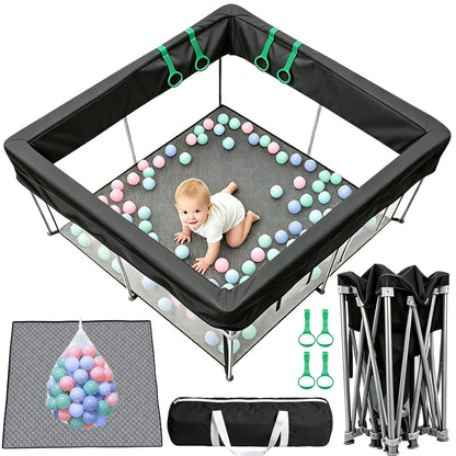 Foldable Baby Playpen, 50"×50" Collapsible Play Yard for Babies and Toddlers, No Assembly Required, Kids Safety Play Area with 4 Handles, 50 Balls and Visible Mesh, Black