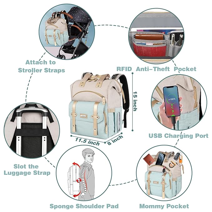 Jiefeike Girls Diaper Backpack,Travel Backpack Diaper Bag for Dad Mom Baby Boys,Insulated Pockets Portable Baby Nappy Bags RFID Anti-Theft Water-Resistant Pocket Stroller Straps