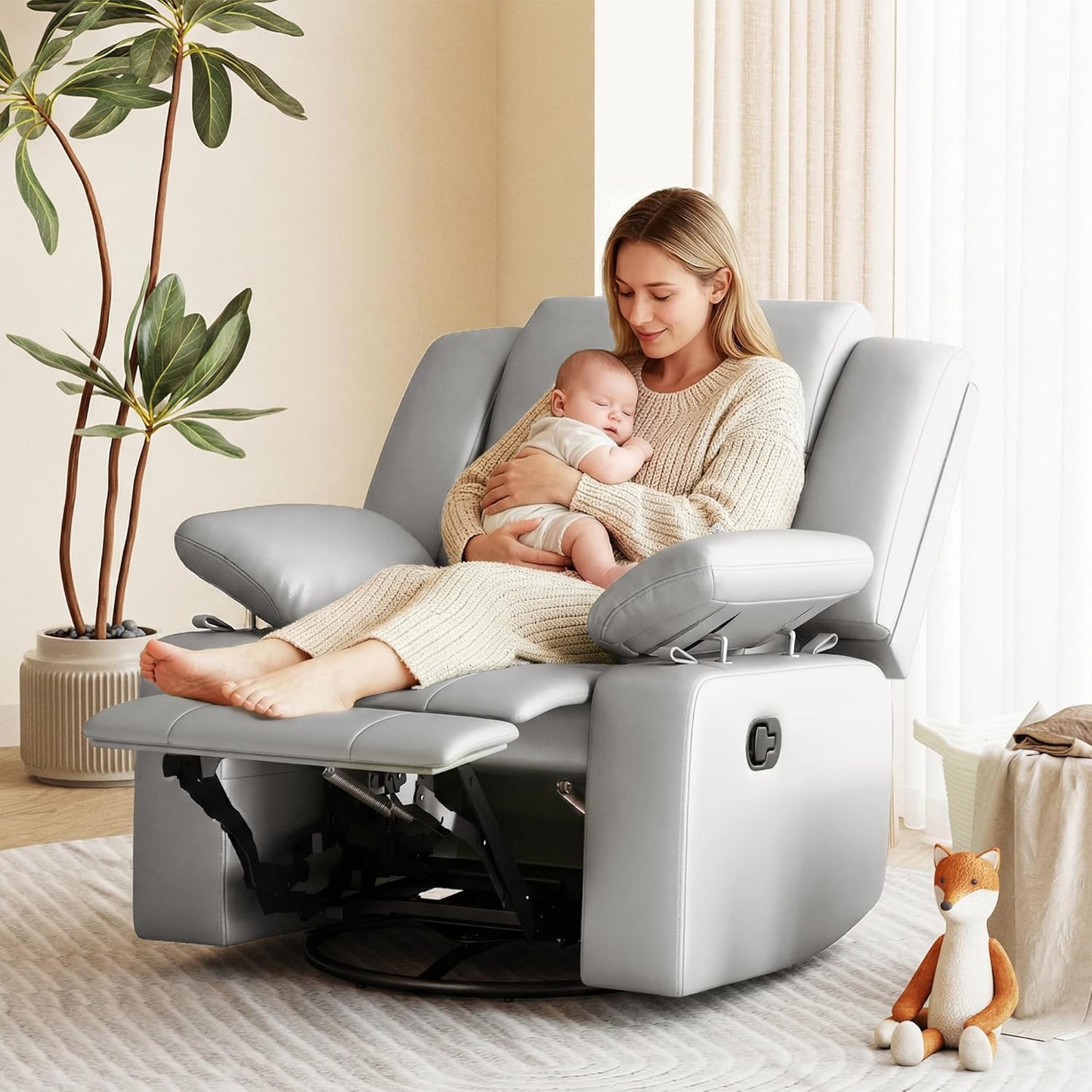 AILEEKISS Nursery Glider Recliner Chair with Adjustable Armrests, Swivel Rocking Recliner for Breastfeeding Moms, 360° Swivel, 30° Rocking, 90°-160° Recline, Easy-Clean Nursery Chair(White)