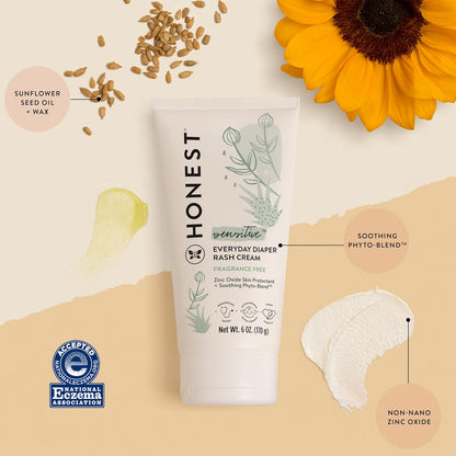 The Honest Company Hypoallergenic Diaper Rash Cream, Moisturizing, Calming Zinc Oxide Ointment, NEA Recognized Cruelty-Free, 2.5 oz