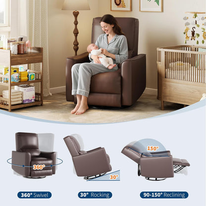 IDEALHOUSE Swivel Rocking Nursery Recliner Chair Rocker Recliner Glider Deep Seat PU Leather Sofa Chair with high Backrest for Nursery, Living Room, Bedroom & Home Movie Theater (Chocolate)