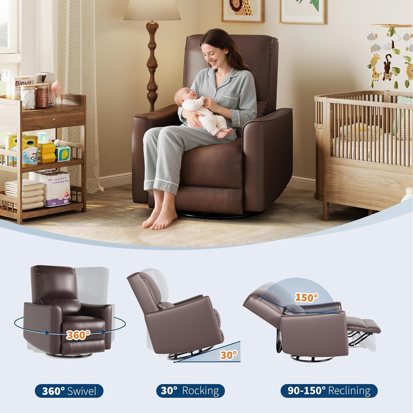 GarveeHome Recliner Chair, 360° Swivel Rocker Glider Nursery Chair with Padded Armrest and Deep Seat, PU Leather Upholstered Reclining Sofa Chair for Living Room, Bedroom and Nursery (Brown)