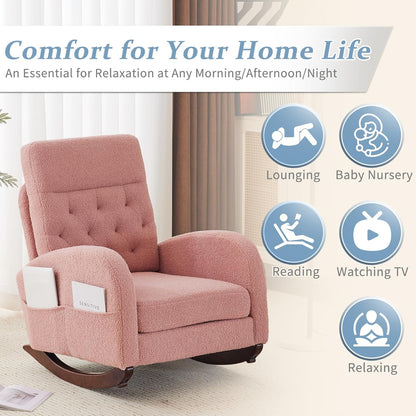 VINGLI Teddy Fleece Low Seat Rocking Chair,Boucle Upholstered Nursery Glider Chair with Side Pockets,Accent Arm Chair with High Backrest,Comfy Head Rest,Solid Wood,For Living Room Bedroom Balcony,Pink
