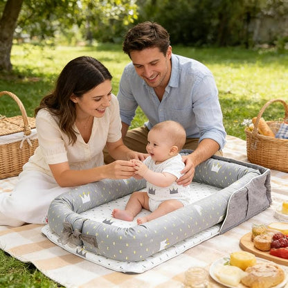 Baby Lounger for Newborns & Infants 0–24 Months, 100% Cotton Breathable Infant Support Cushion with Adjustable Size, Portable Baby Nest for Home and Travel, Baby Shower Gift(Crown Grey)