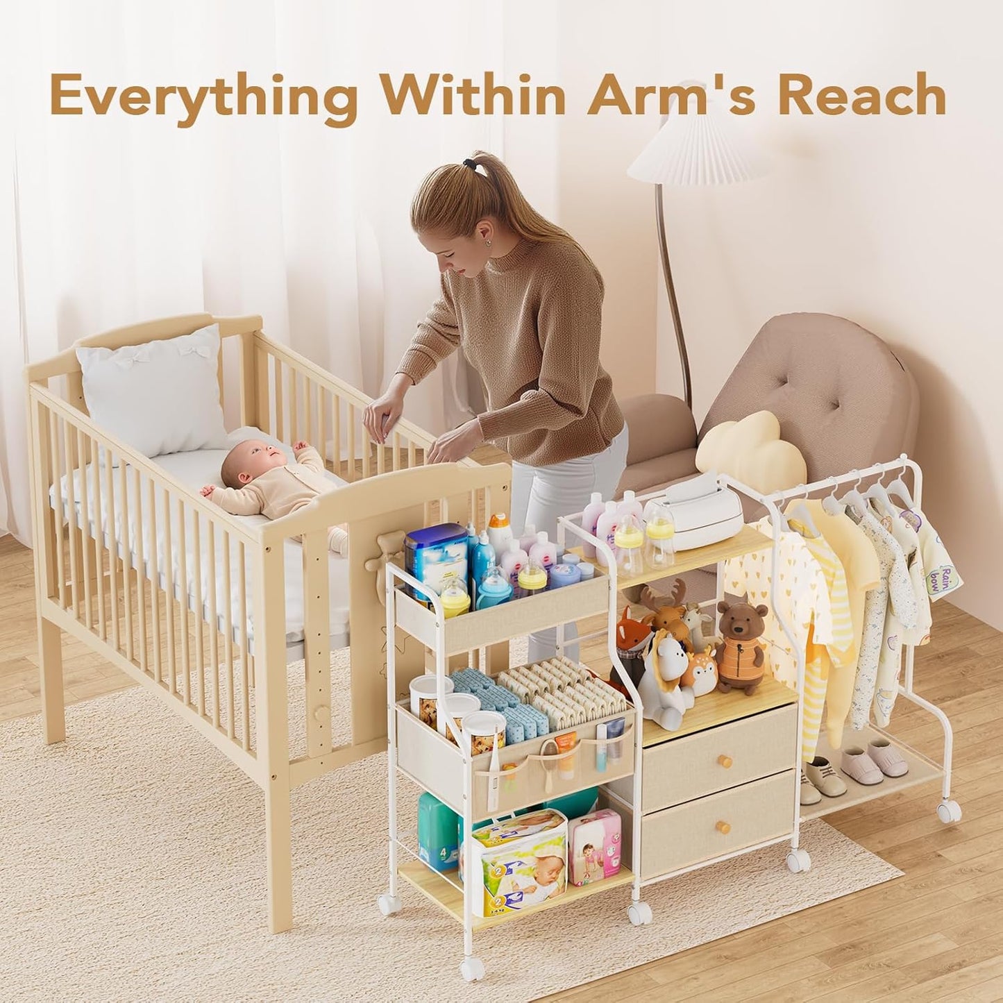 BBLIKE Diaper Caddy Organizer with Hanging Rack - 3 Tier Rolling Utility Cart with Drawers and Dividers for Baby Bottle Storage - Bedside Cart for Changing Station, Crib, Nursery, Bedroom, Beige