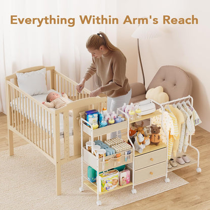 BBLIKE Diaper Caddy Organizer with Hanging Rack - 3 Tier Rolling Utility Cart with Drawers and Dividers for Baby Bottle Storage - Bedside Cart for Changing Station, Crib, Nursery, Bedroom, Beige