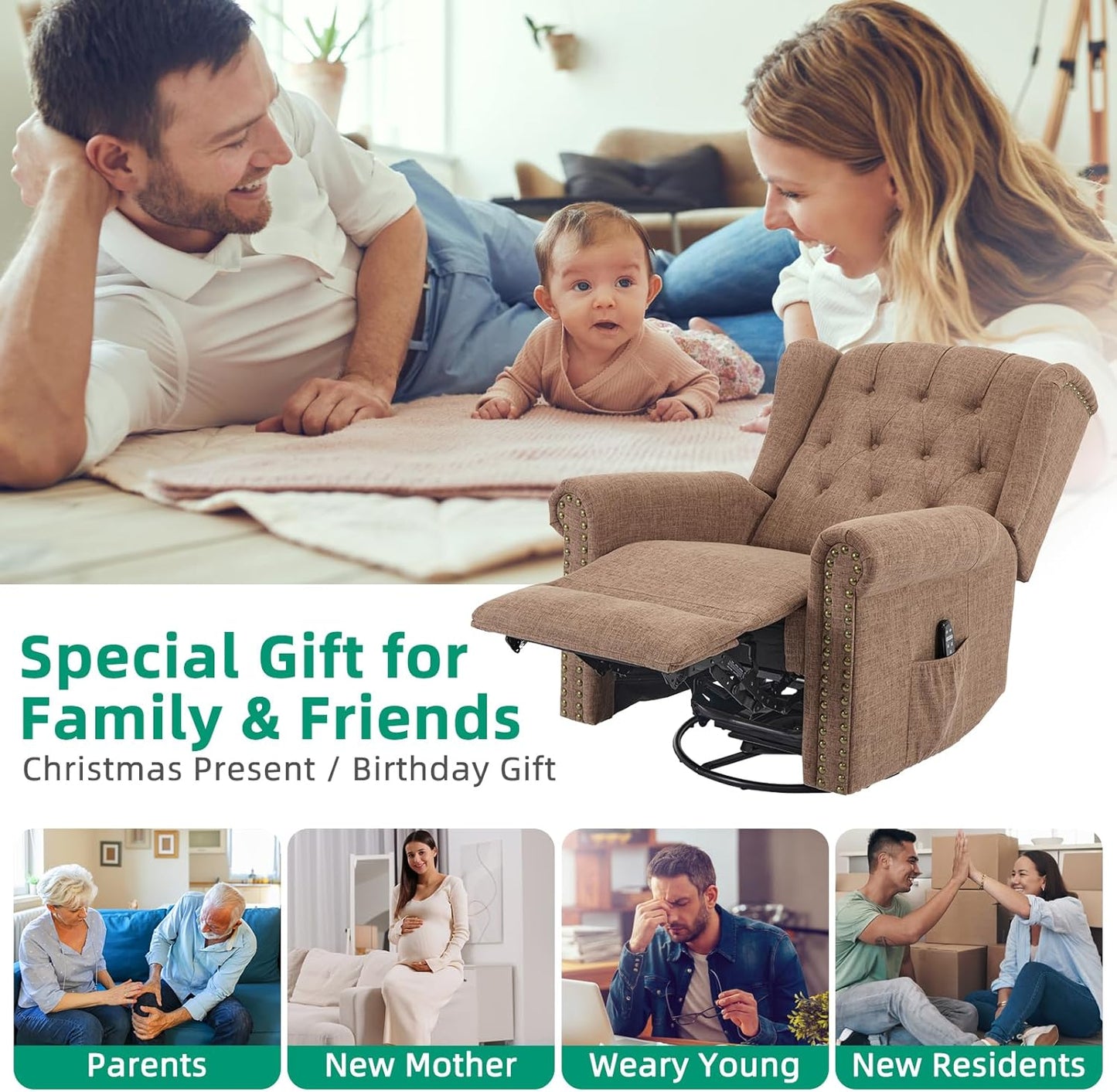 VIVIJASON Power Swivel Rocking Recliner Chair with Massage & Heat, Electric Rocker Nursery Glider Chair, Wingback Tufted Upholstered Recliner W/Type-C & USB Ports for Living Room, Bedroom, Beige