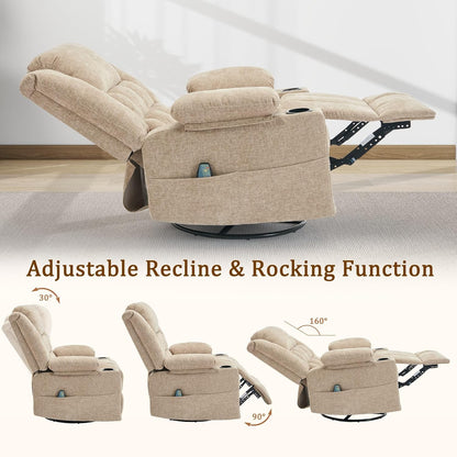 Korser 360° Swivel Rocker Recliner for Adults, Nursery Glider Recliner with Massage and Heating, Rocking Chair with Cup Holder, Manual Recliner Chair for Living Room, Bedroom (Fabric, Beige)