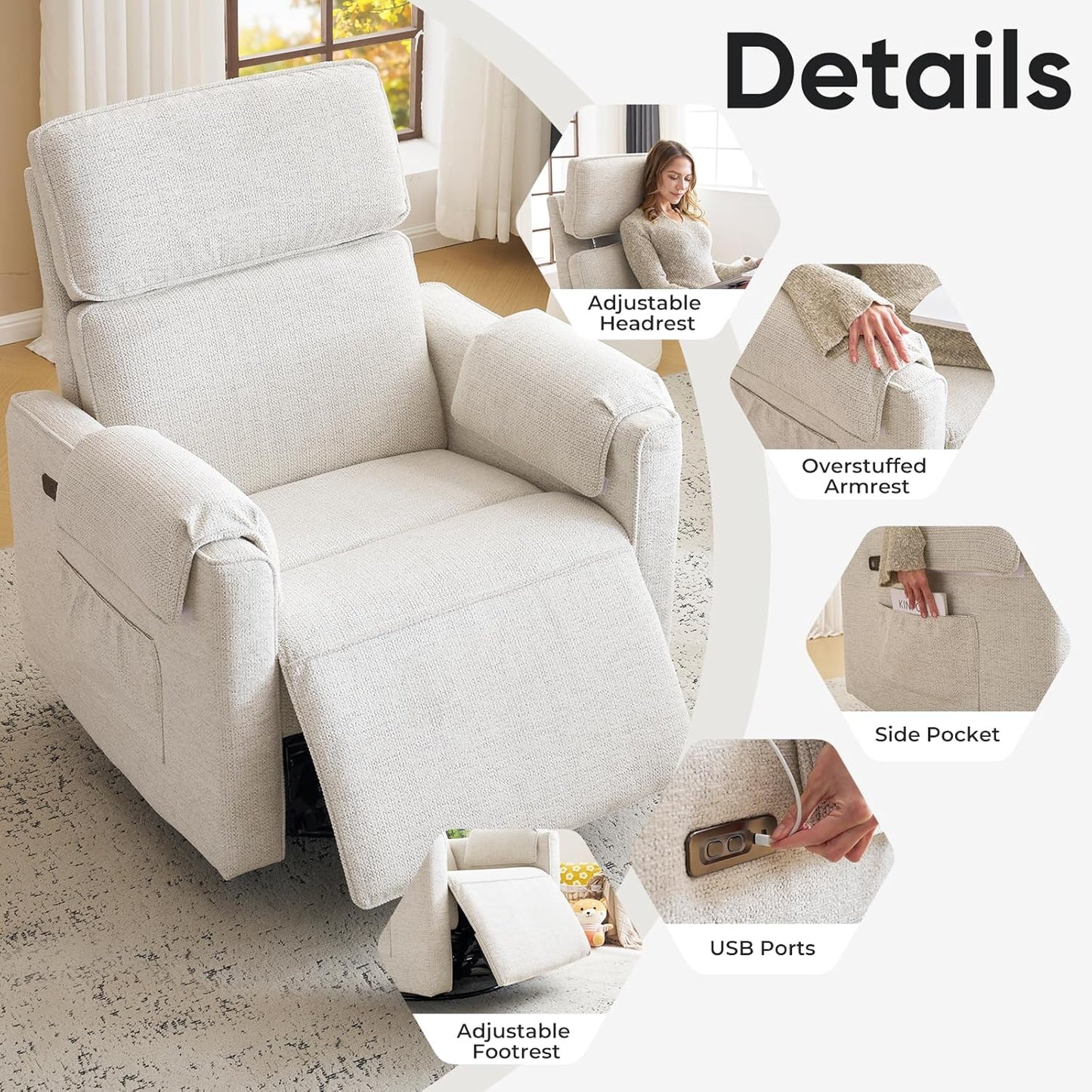 Oversized Power Rocker Recliner Chair, 26" Extra Wide Swivel Recliner with Adjustable Headrest, Chenille Glider Rocking Nursery Chair with Overstuffed Armrest, USB Ports, Cream