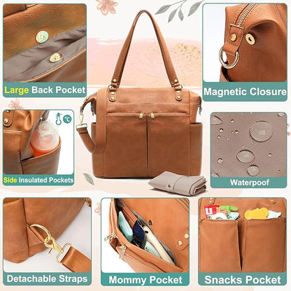 MOMINSIDE Diaper Bag Tote, 4 in 1 Leather Diaper Bag Backpack with 13 Pockets, Convertible Baby Bag for Boys Girls,Diaper Bags Baby Registry, Changing Pad, 4 Large Insulated Pockets(Brown)