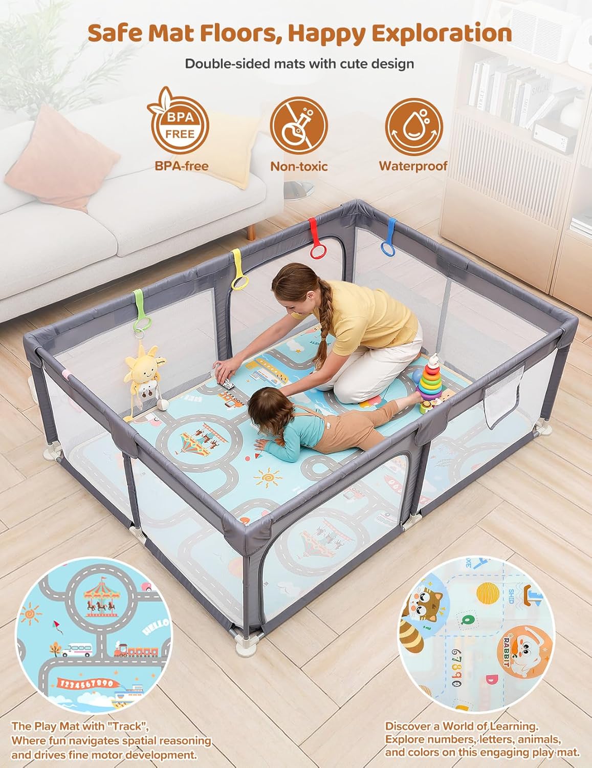 Dripex Baby Playpen, 47"x47" Small Playpen for Babies, Enhanced Safety Baby Play Yard for Indoor & Outdoor, Infant Play Pen with Soft Breathable Visible Mesh, Anti-Fall Design & Easy Setup, Grey