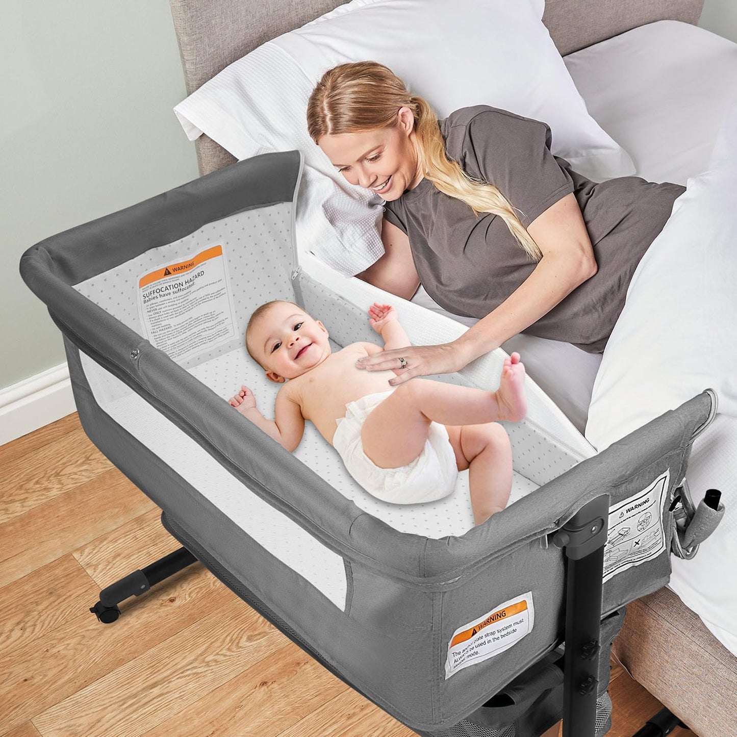 BIERUM Bassinet 4 in 1 - Bedside Bassinet for Baby, Height Adjustable Bassinet Bedside Crib with Lockable Wheels & Mosquito Nets, Large Storage Bag & Comfortable Mattresses Included.