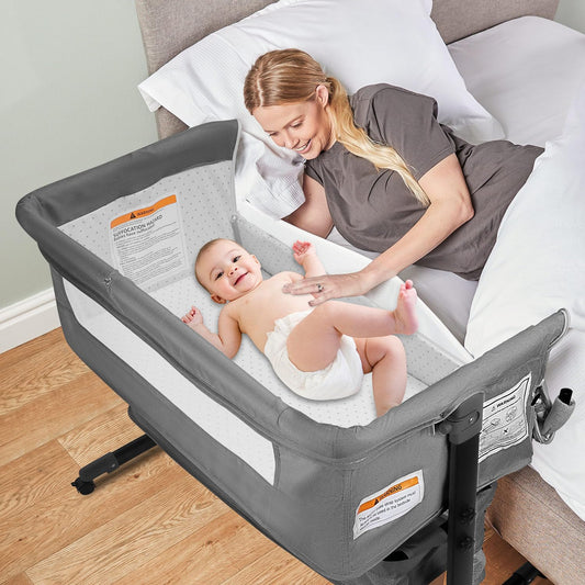 BIERUM Bassinet 4 in 1 - Bedside Bassinet for Baby, Height Adjustable Bassinet Bedside Crib with Lockable Wheels & Mosquito Nets, Large Storage Bag & Comfortable Mattresses Included.