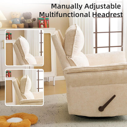 Oversized Glider Rocker Recliner, 26" Extra Wide 360° Swivel Nursery Recliner with Adjustable Headrest, Chenille Rocking Nursery Chair with Overstuffed Armrest, Lumbar Support, Light Grey