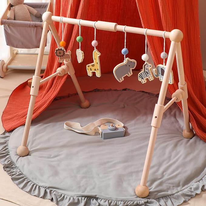 Wooden Baby Gym with 6 Gym Toys, Detachable Wooden Play Gym Frame Activity Gym Hanging Bar Baby Toys for Activity Gym, Ages Newborn + (Zoo Themes)