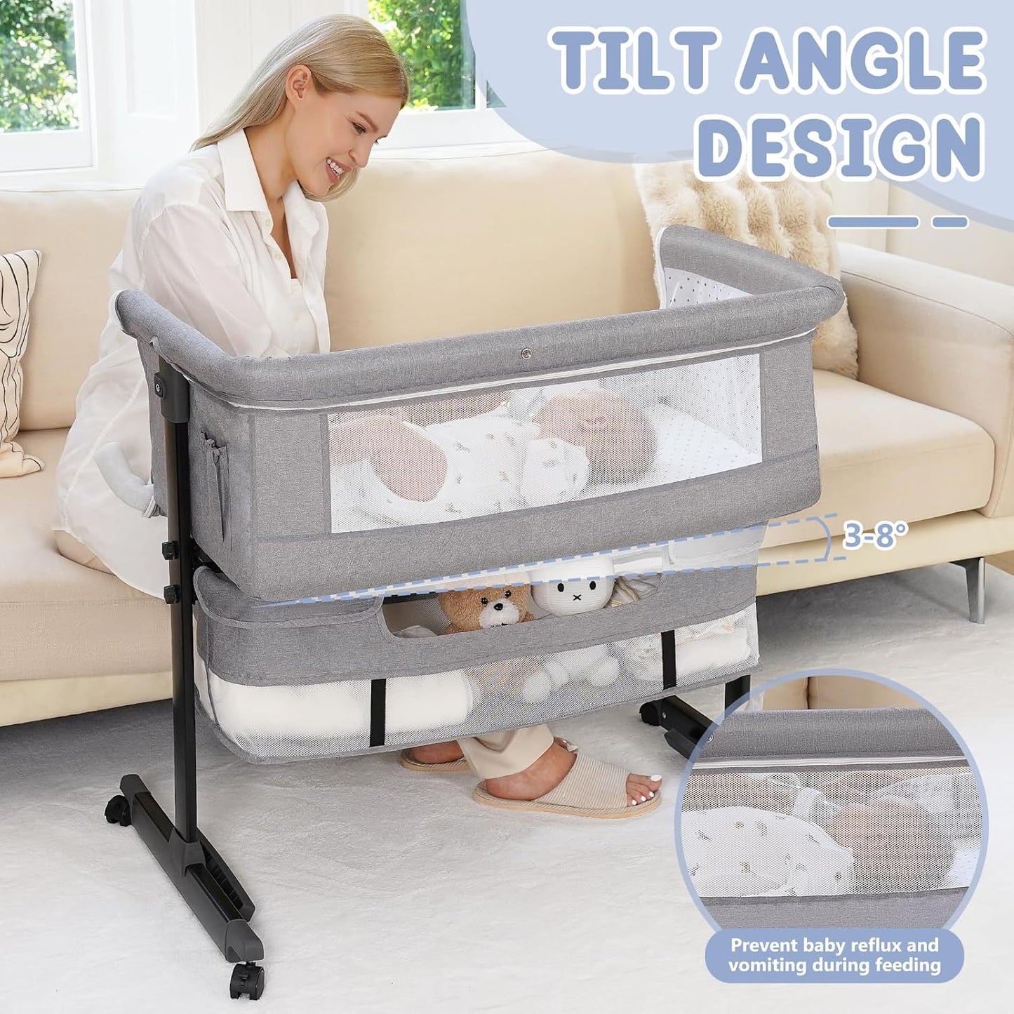 Semphis Baby Bassinet, 3 in 1 Bassinets Bedside Sleeper, Adjustable Height Bedside Sleeper with Rocking Mode, Breathable Mesh, Storage Basket, Wheels, Easy Assemble & Folding (Gray)