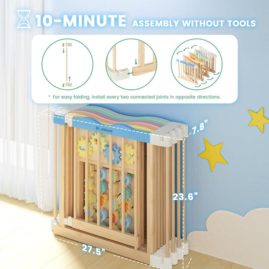 Foldable Wooden Playpen - Adjustable Wood Baby Play Yard with Child-Proof Lock, Indoor Large Safety Fence for Babies and Toddlers - Easy Assembly, 55 x 55 x 24 inches, Dino Land, Colorful