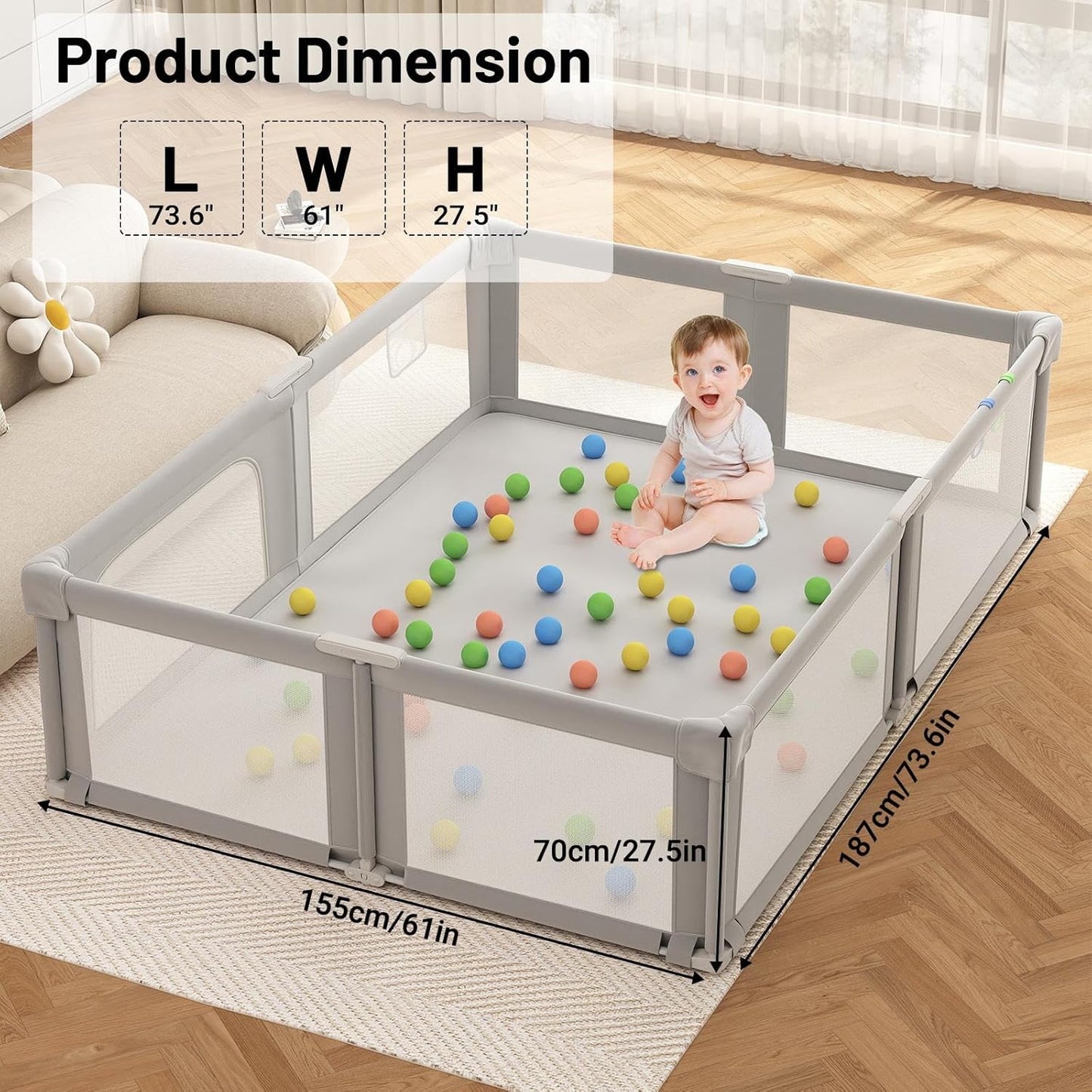 Foldable Playpen for Babies and Toddlers, 51" Portable Play Pen with Mat and Ocean Balls, Play Yard with with Visible Mesh for Inddor and Outdoor, No Assembly Required, Dark Gray
