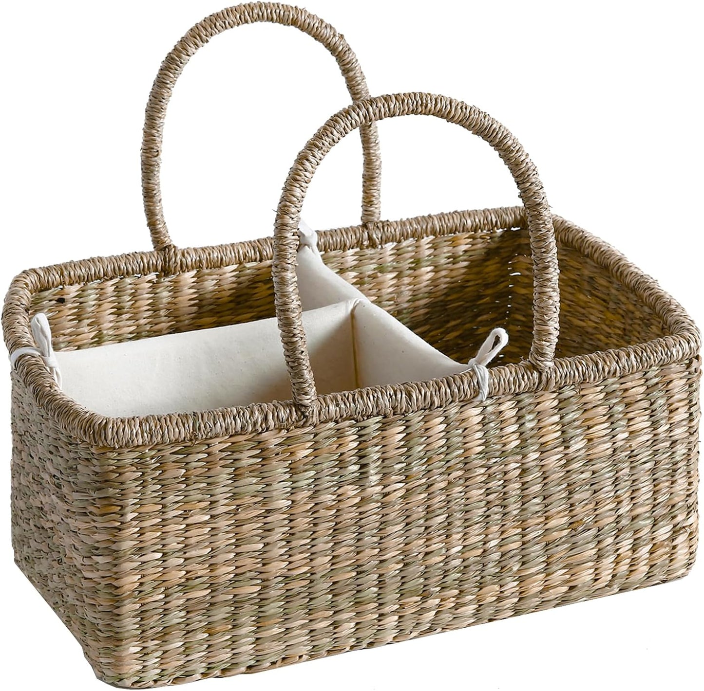 Premium Wicker Baby Diaper Caddy Organizer, Woven Seagrass Basket with Handles, Diaper Basket with Dividers (Seagrass)